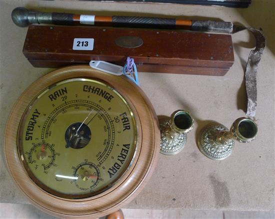 Cased set rulers, SA buttons, candelsticks, barometer